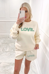 Love green & ecru embroidered sweater short loungewear set