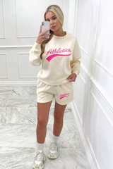 athletics hot pink embroidered ecru sweater short loungewear set