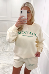 Monaco green embroidered ecru sweater short loungewear set
