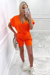 Mollie orange V Neck short Loungewear Set