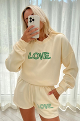 Love green & ecru embroidered sweater short loungewear set