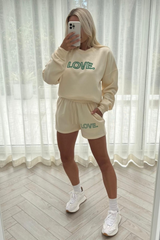 Love green & ecru embroidered sweater short loungewear set
