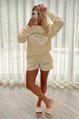 Monaco green embroidered ecru sweater short loungewear set