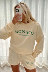 Monaco green embroidered ecru sweater short loungewear set