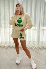 Love heart green & ecru sweater short loungewear set