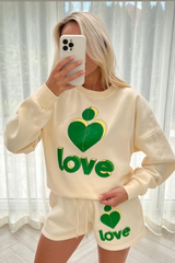 Love heart green & ecru sweater short loungewear set