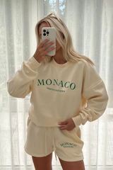 Monaco green embroidered ecru sweater short loungewear set