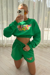 self care clique green cropped  short loungewear set