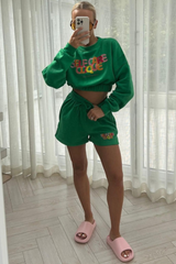 self care clique green cropped  short loungewear set