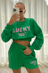 Lucky you green & pink  cropped  short loungewear set