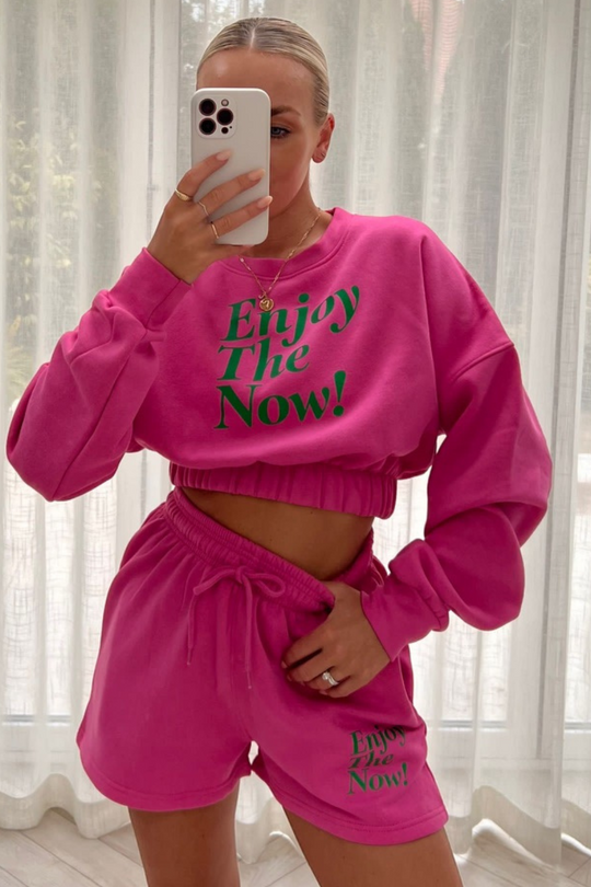 Enjoy the now pink & green cropped  short loungewear set