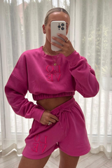 LOVE hot pink embroidered cropped  short loungewear set