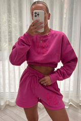 LOVE hot pink embroidered cropped  short loungewear set