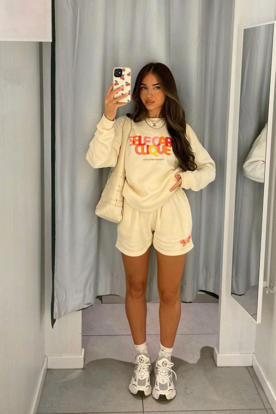 Self Care ecru printed sweater short loungewear set