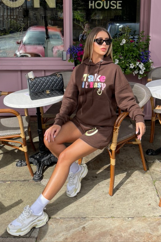 take it easy chocolate embroidered hooded short loungewear set