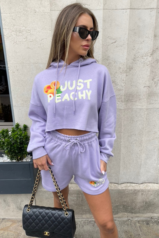 just peachy lilac hooded cropped short loungewear set