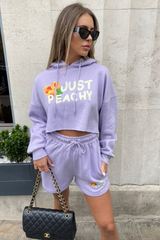 just peachy lilac hooded cropped short loungewear set