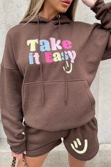 take it easy chocolate embroidered hooded short loungewear set