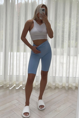 rosie sky blue ribbed high waist cycling shorts