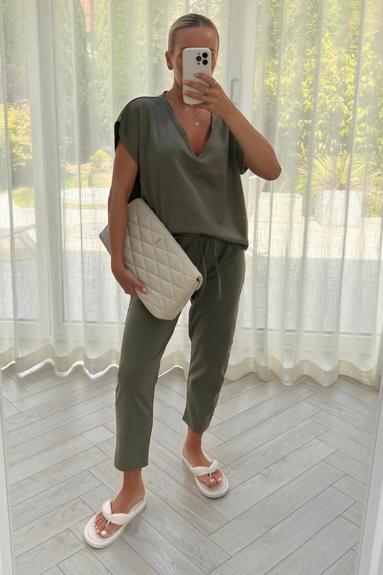 STELLA khaki V Neck Loungewear Set