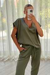STELLA khaki V Neck Loungewear Set