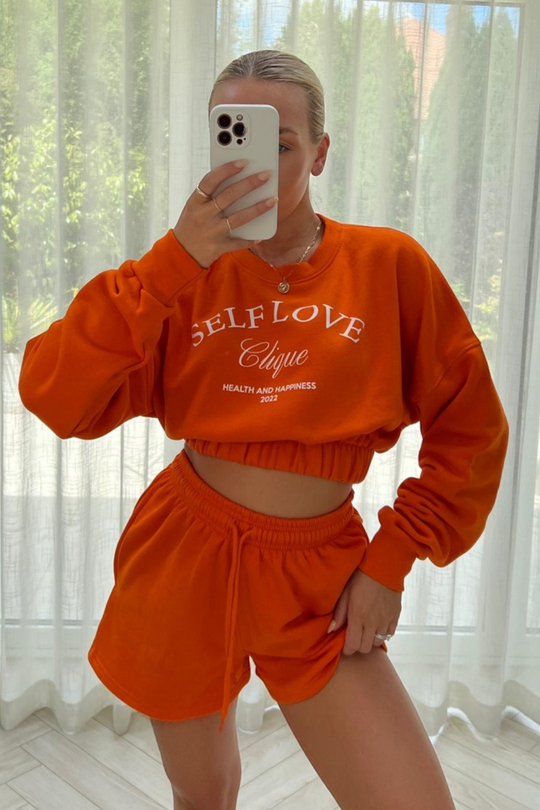 Self love clique orange cropped  short loungewear set