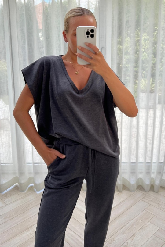 Stella charcoal V Neck Loungewear Set