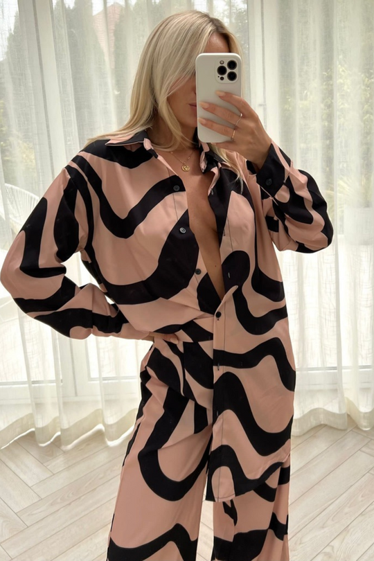 indiyah beige & black long sleeve shirt trouser coord