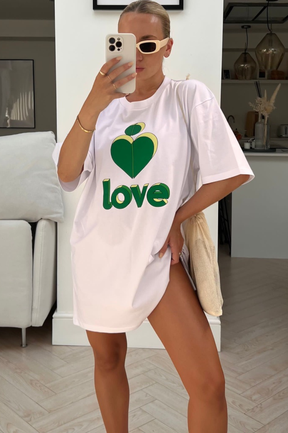 Love heart green white printed T shirt dress