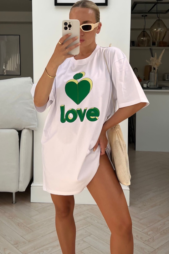 Love heart green & white printed T-shirt dress