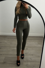 Keevah khaki ribbed long sleeve loungewear set