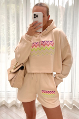 zigzag beige embroidered cropped hooded short coord