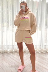 zigzag beige embroidered cropped hooded short coord