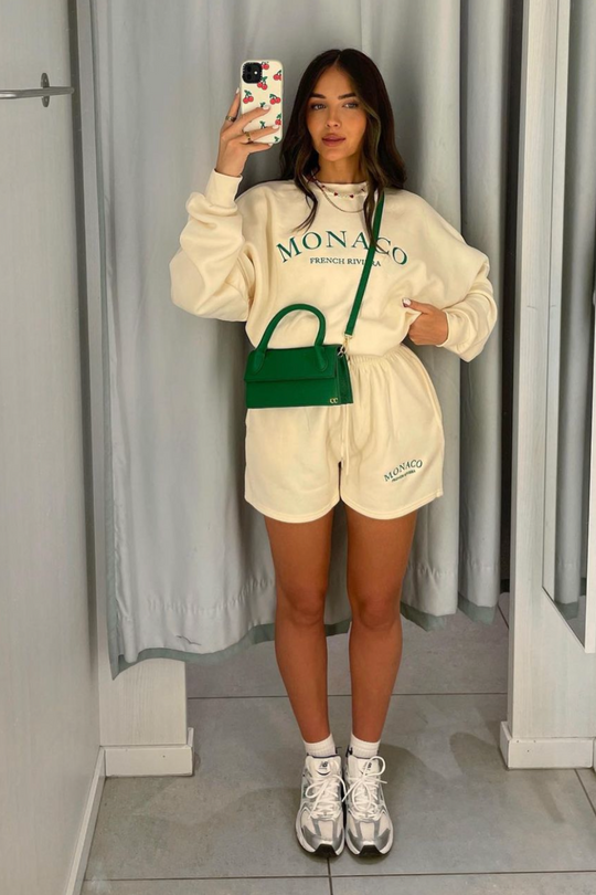 Monaco green embroidered ecru sweater short loungewear set