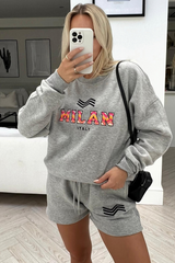 milan zigzag grey embroidered sweater short loungewear set