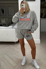 milan zigzag grey embroidered sweater short loungewear set