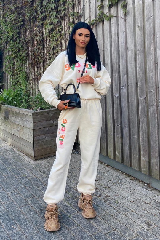 self love clique cream printed sweater loungewear set