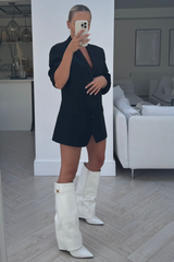 Kimmy white knee high fold over heel boots front view