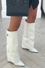 Kimmy white knee high fold over heel boots full length outfit