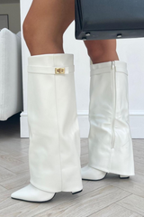 Kimmy white knee high fold over heel boots