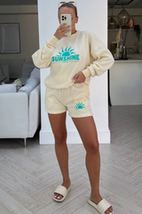 Sunshines ecru & teal embroidered sweater short loungewear set