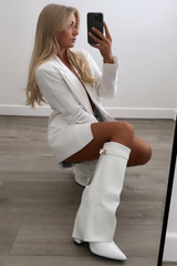 Kimmy white knee high fold over heel boots gold buckle detail