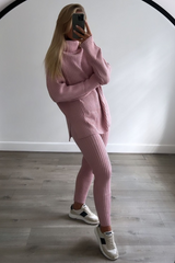 Keevah pink roll neck knitted ribbed coord