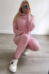 Keevah pink roll neck knitted ribbed coord