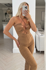 Charlotte camel ruched leg sleeveless jumpsuit