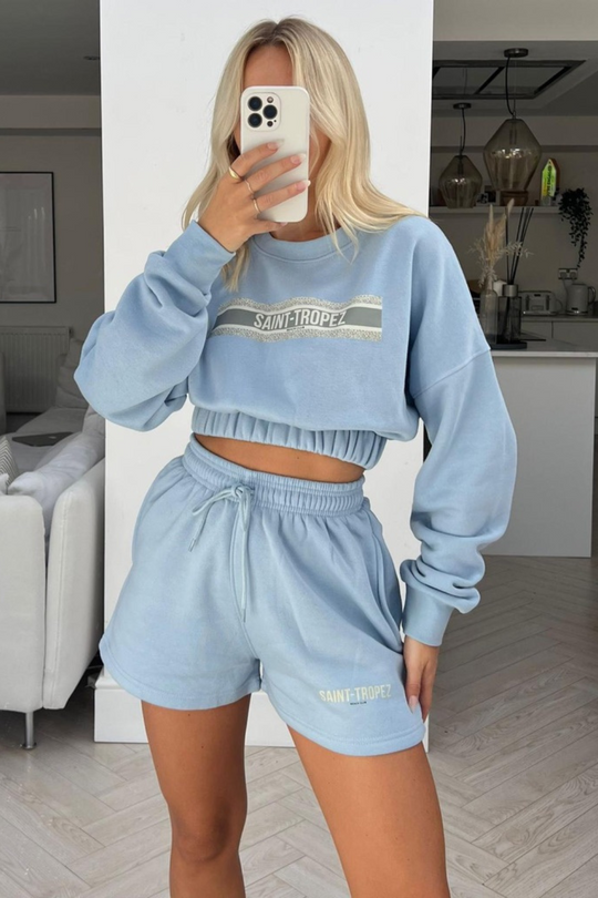 saint tropez baby blue printed cropped sweater short set