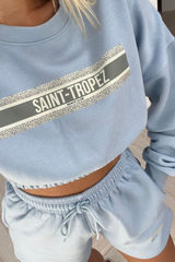 saint tropez baby blue printed cropped sweater short set
