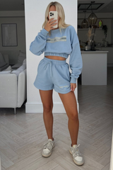saint tropez baby blue printed cropped sweater short set
