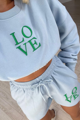 Love baby blue & green embroidered cropped sweater short set
