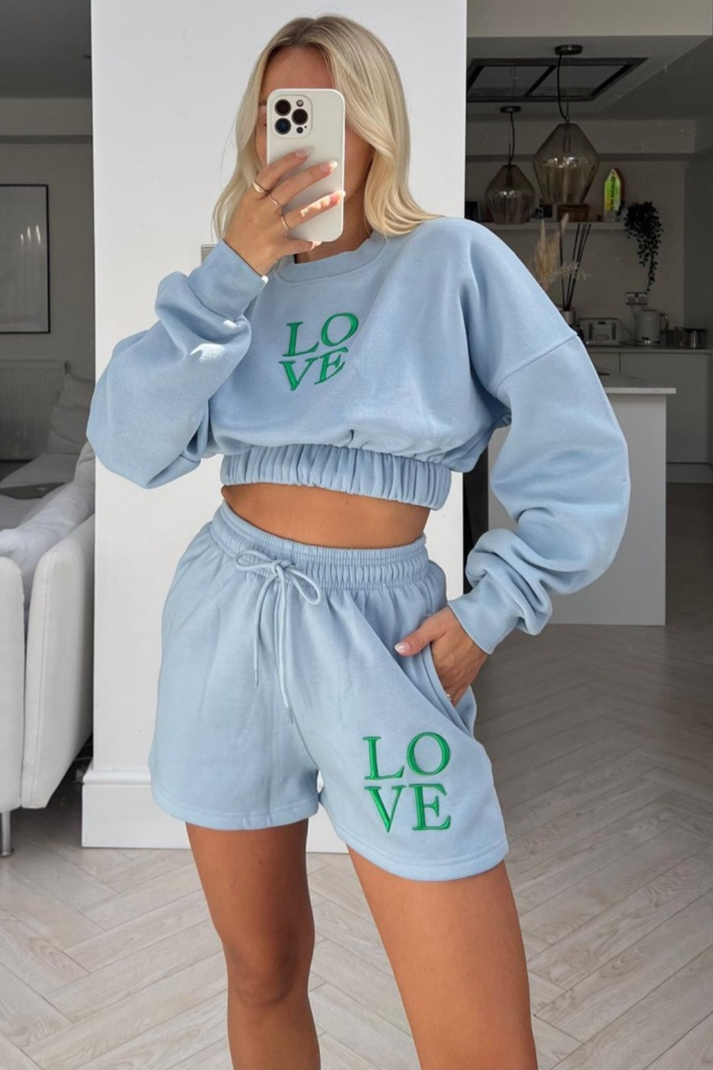 Love baby blue green embroidered cropped sweater short set